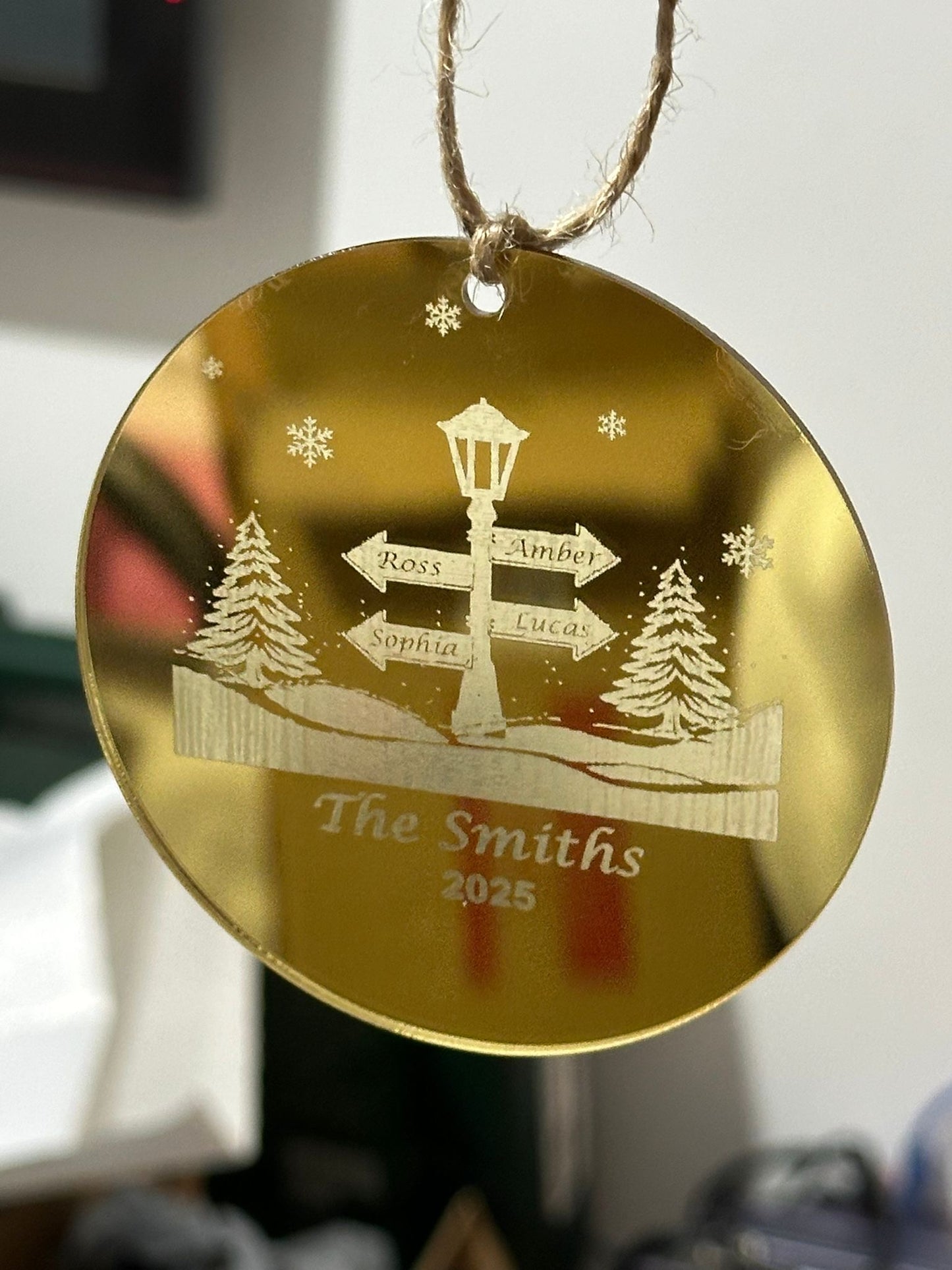 Personalized Gold Acrylic Christmas Ornament – Custom Family Name & Direction Sign Bauble