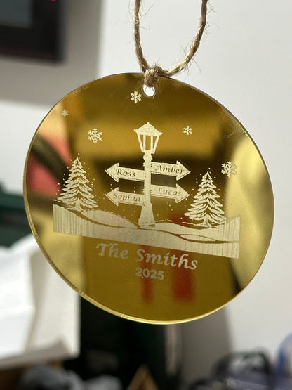 Personalized Gold Acrylic Christmas Ornament – Custom Family Name & Direction Sign Bauble