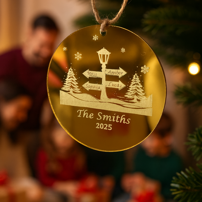 Personalized Gold Acrylic Christmas Ornament – Custom Family Name & Direction Sign Bauble
