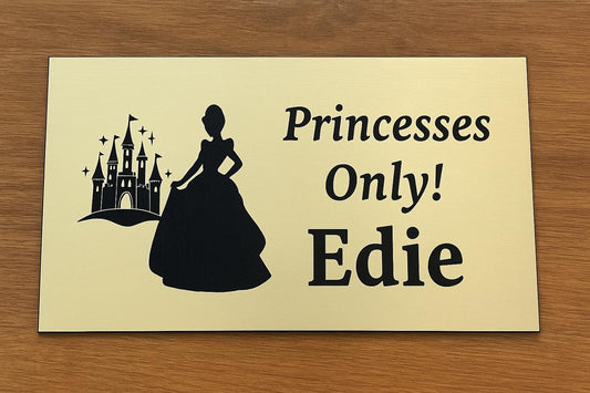 Personalised Princess Plaque – Black Background with White Text, Unicorn & Castle Design – Custom Name