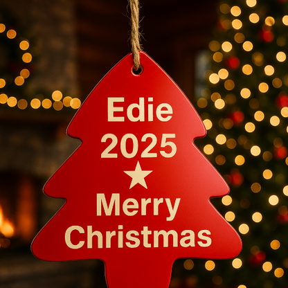 Personalized Red Christmas Tree Ornament – Custom Name & Year Decoration